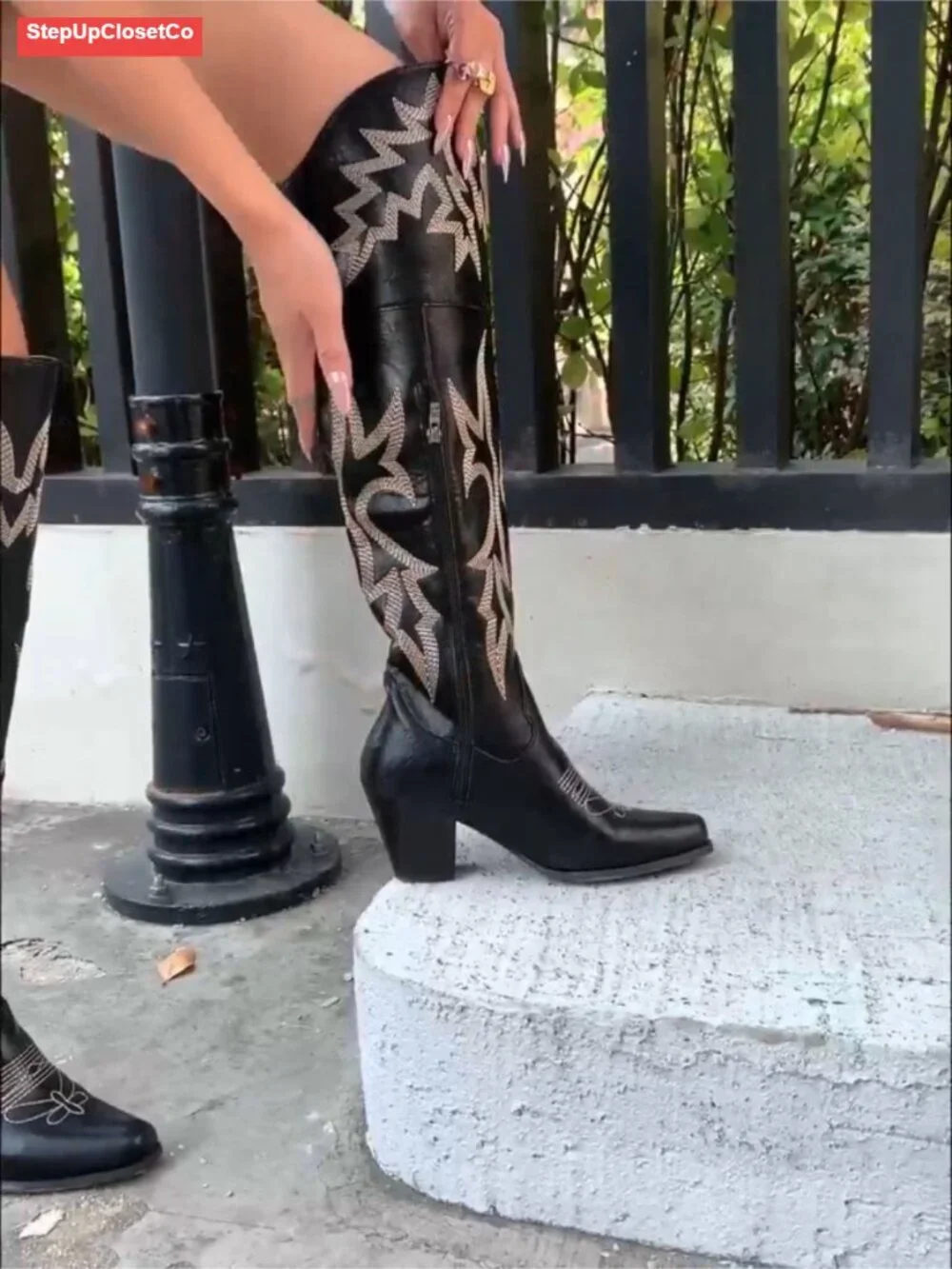 Embroidered Over-the-Knee Cowboy Boots Square Toe PU Leather Chunky Heel